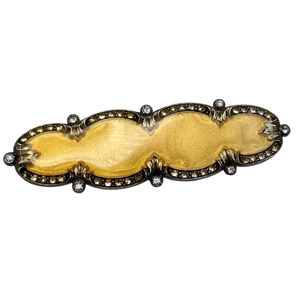 Catherine Popesco Enameled Brooch 80s Silver Plated Rhinestones Gold-Tone Vtg